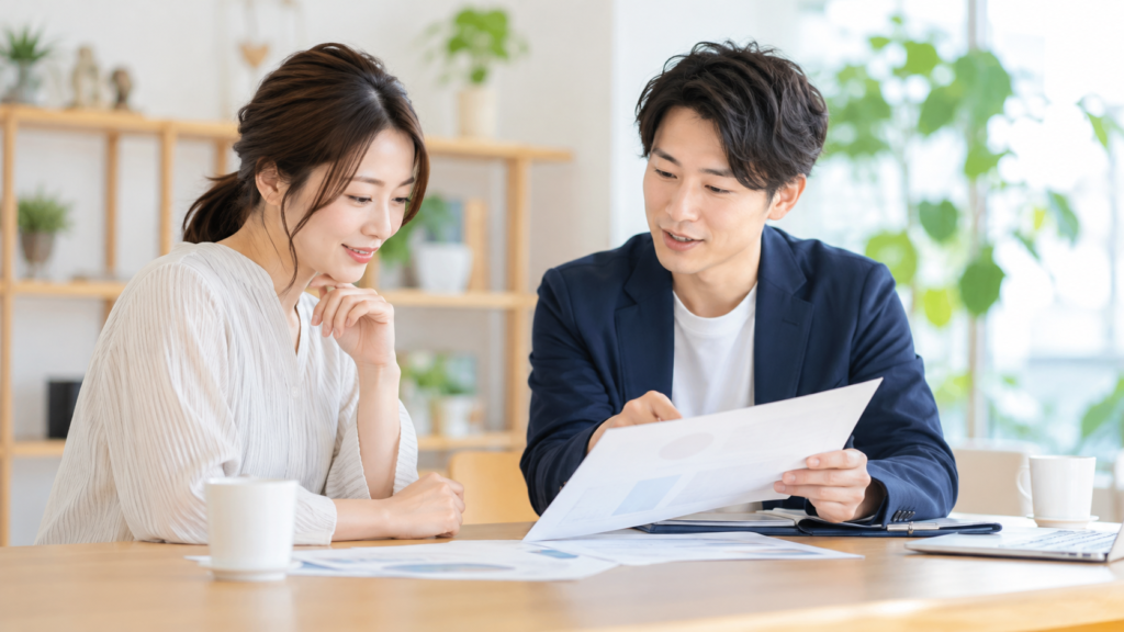 相談の席で資料を見ながら話す二人