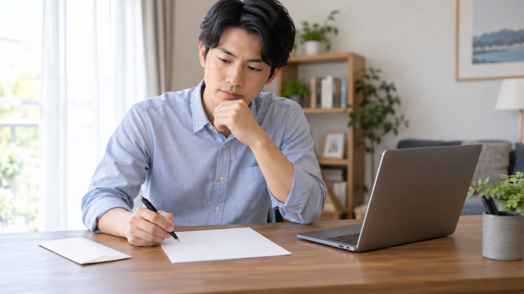 申込書と封筒を用意する会社員