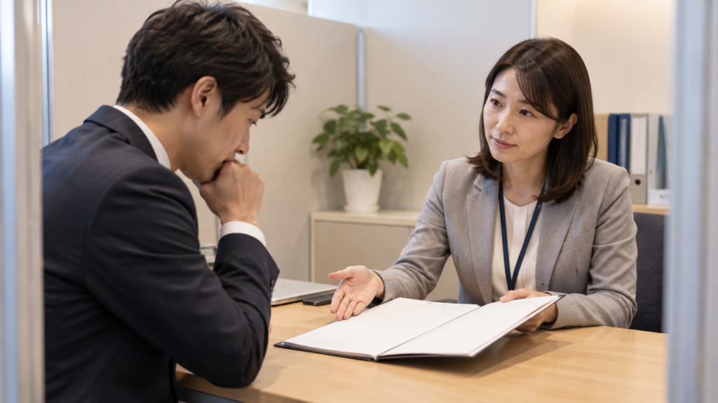 契約書を持参して相談する会社員