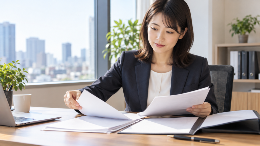 契約書を並べて確認する会社員