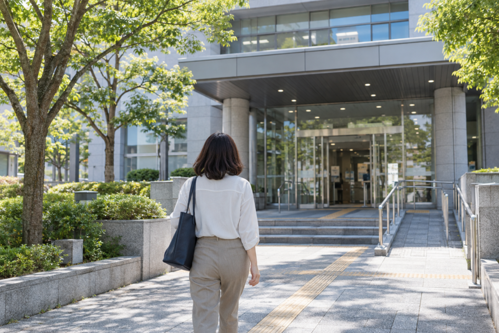 建物の入口へ向かう人の後ろ姿