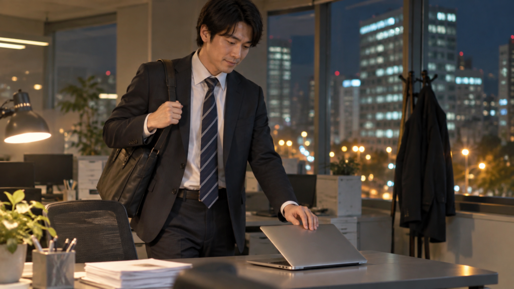 夜の勤務を終えてノートパソコンを閉じる会社員