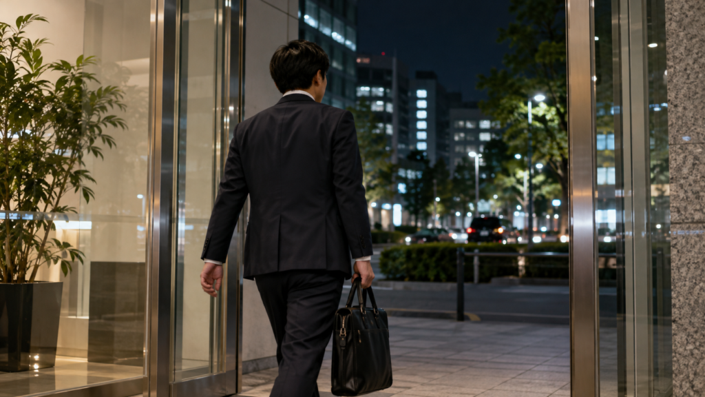 夜の勤務を終えてオフィスを退出する会社員