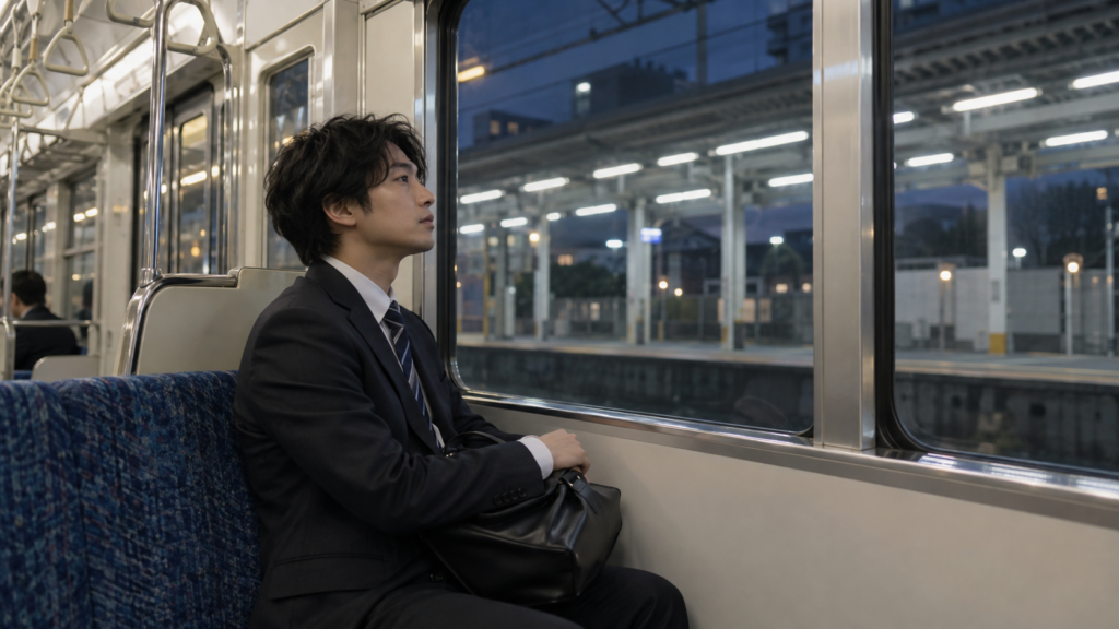 夜の電車で勤務先から帰宅する会社員