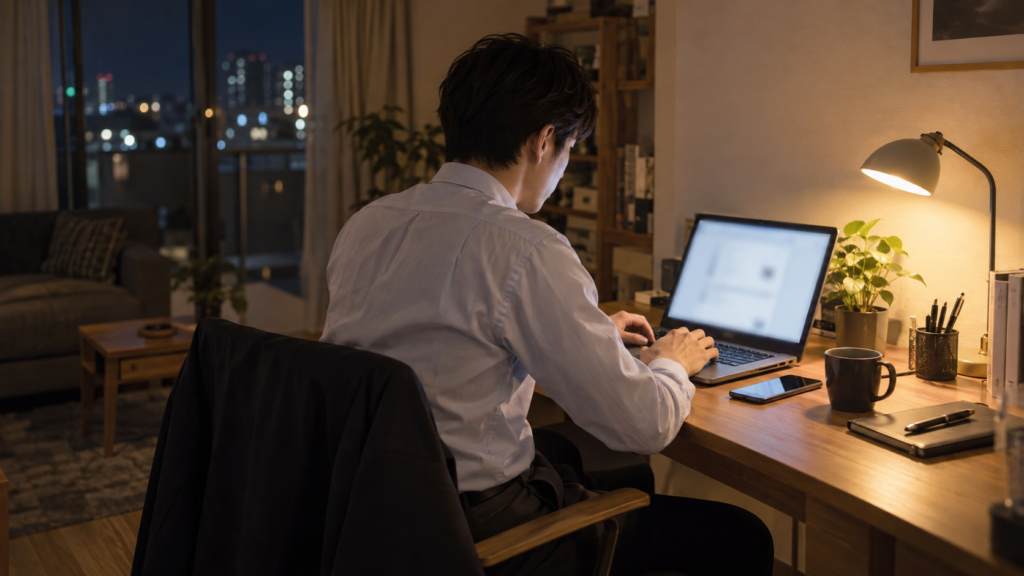 帰宅後の夜間に自宅でパソコン業務を続ける会社員