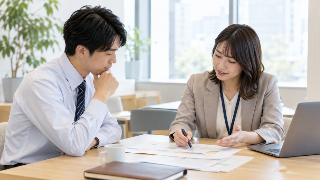 勤務の調整について人事担当者に相談する会社員
