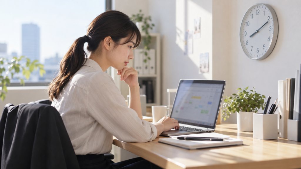 翌朝の予定と勤怠申請をパソコンで確かめる会社員