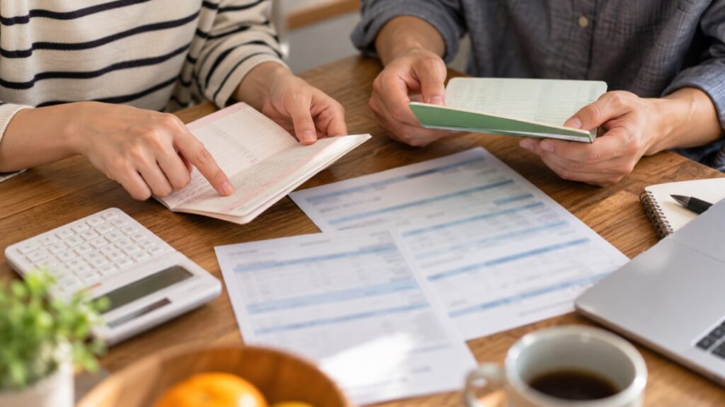 本人と家族の収入資料を一緒に確認する手元