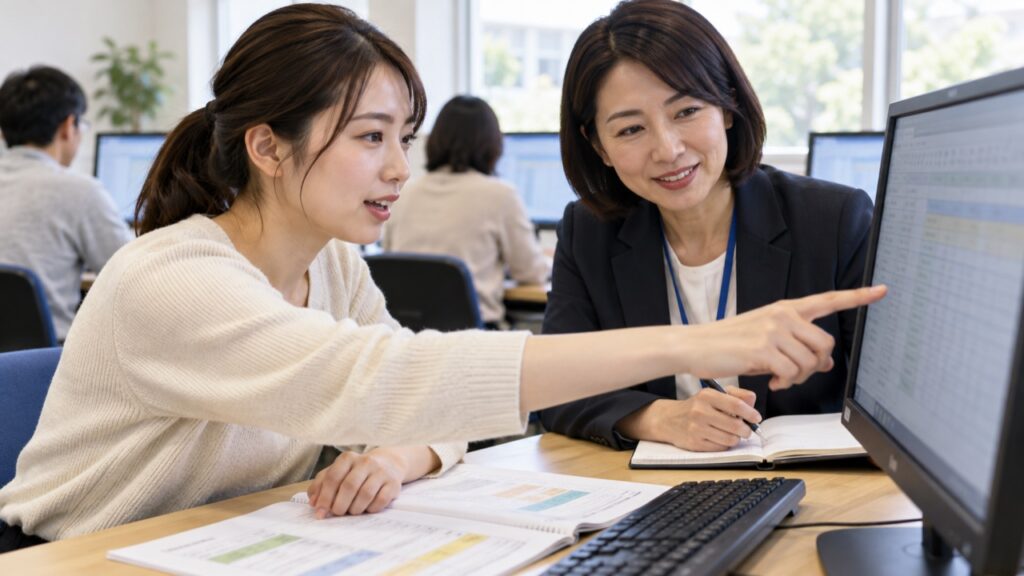 訓練で学んだパソコン操作を相談員と確認する受講者