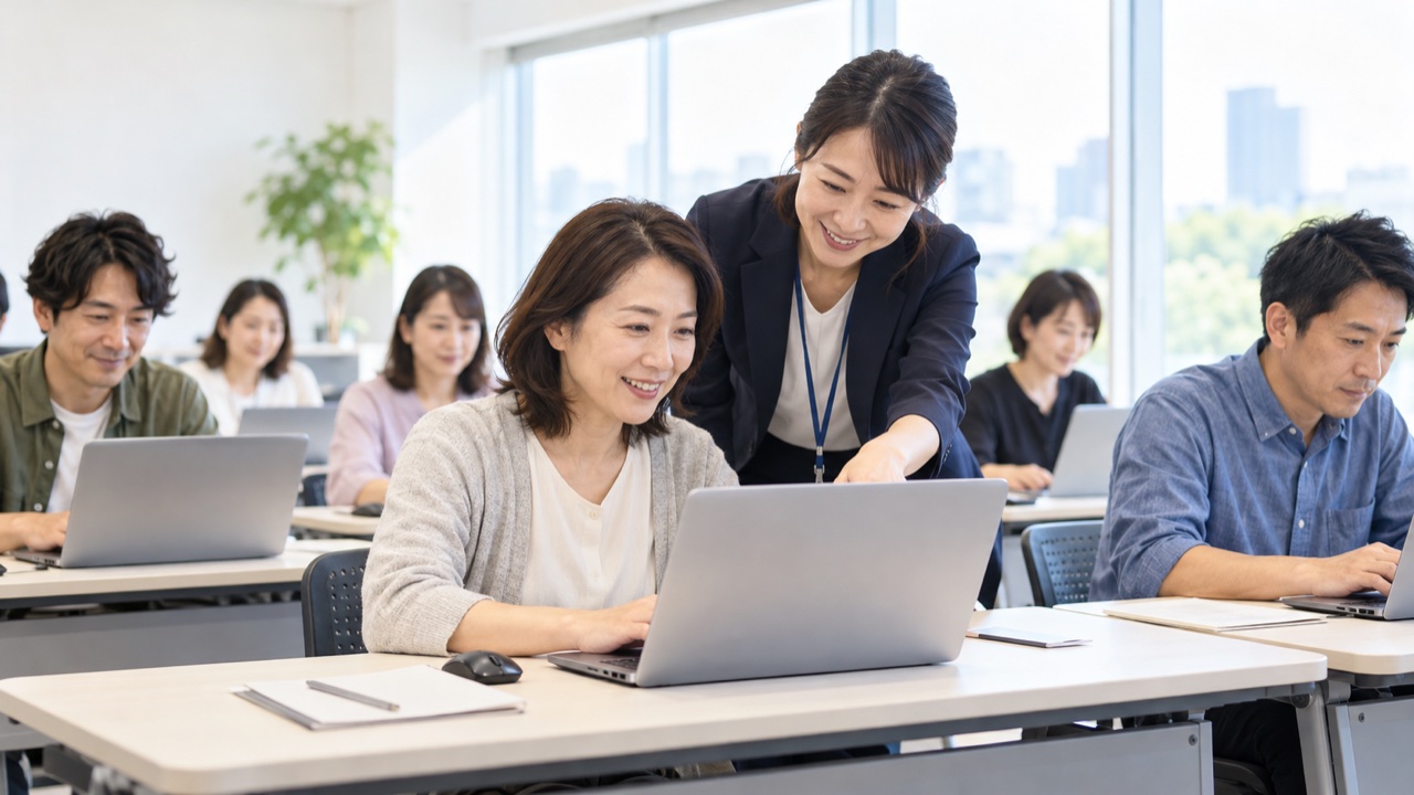 パソコンの職業訓練を受ける大人の受講者たち