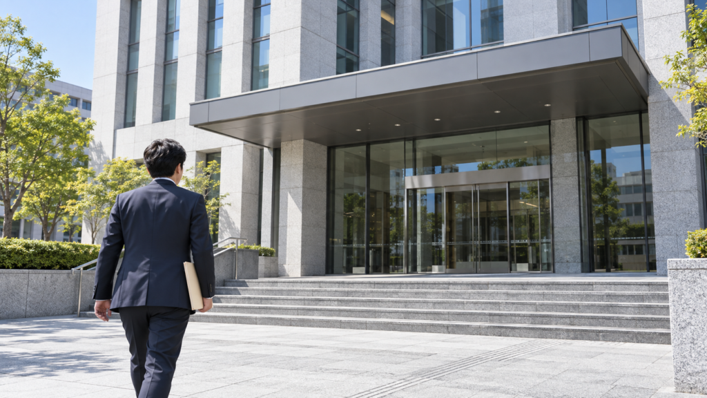 書類を持って裁判所へ向かう人