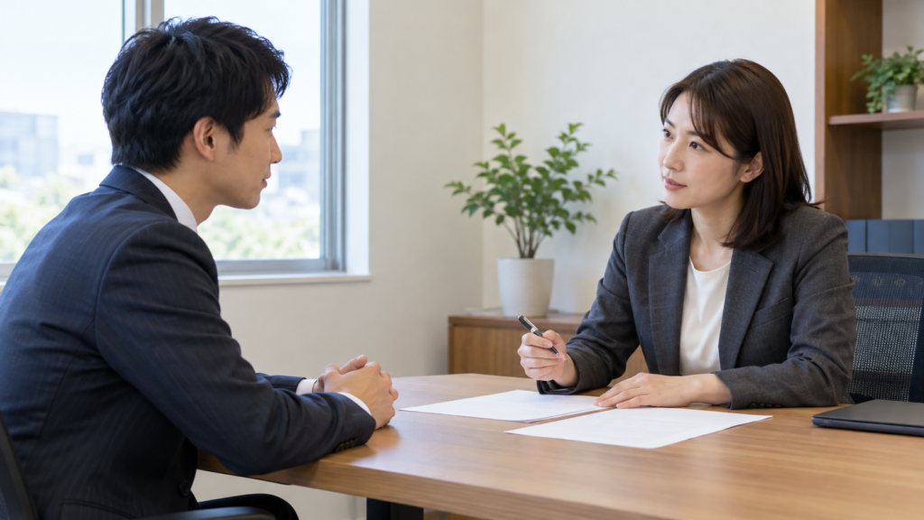 法律相談で会社との紛争について説明する会社員