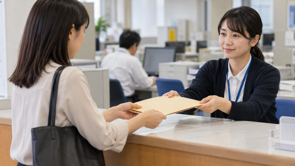 窓口で申立てに必要な書類を確認する様子