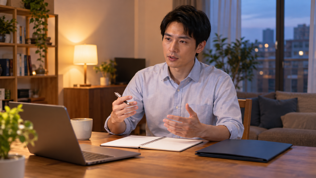 期日に説明する内容を自宅で準備する会社員