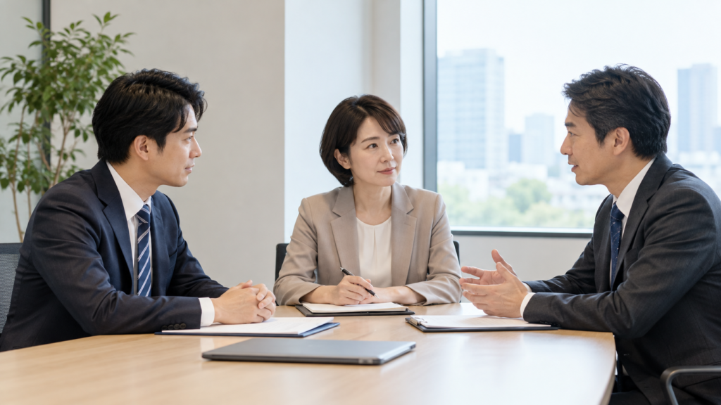 話合いで合意条件を一つずつ確認する様子