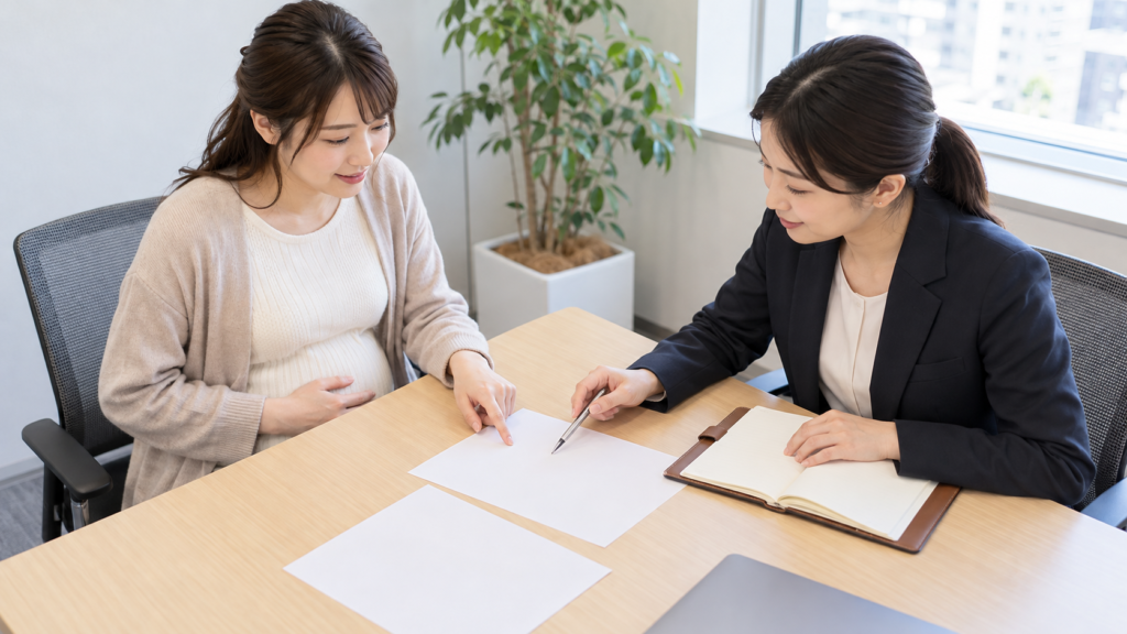 健康保険の加入情報と産休予定を確認する妊娠中の会社員