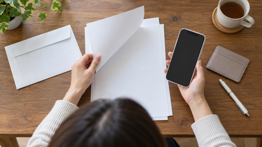 資格情報の書類とスマートフォンを並べて加入先を確認する手元