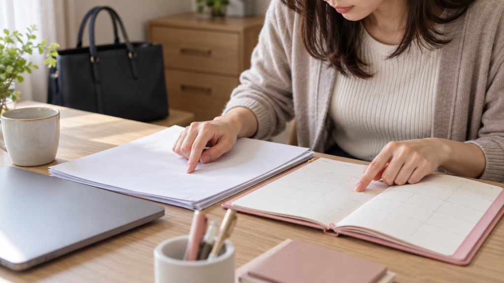 退職日と産休の予定を資料で照らし合わせる様子