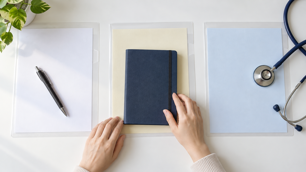 申請に使う書類を本人用と会社用と医療機関用に分ける様子