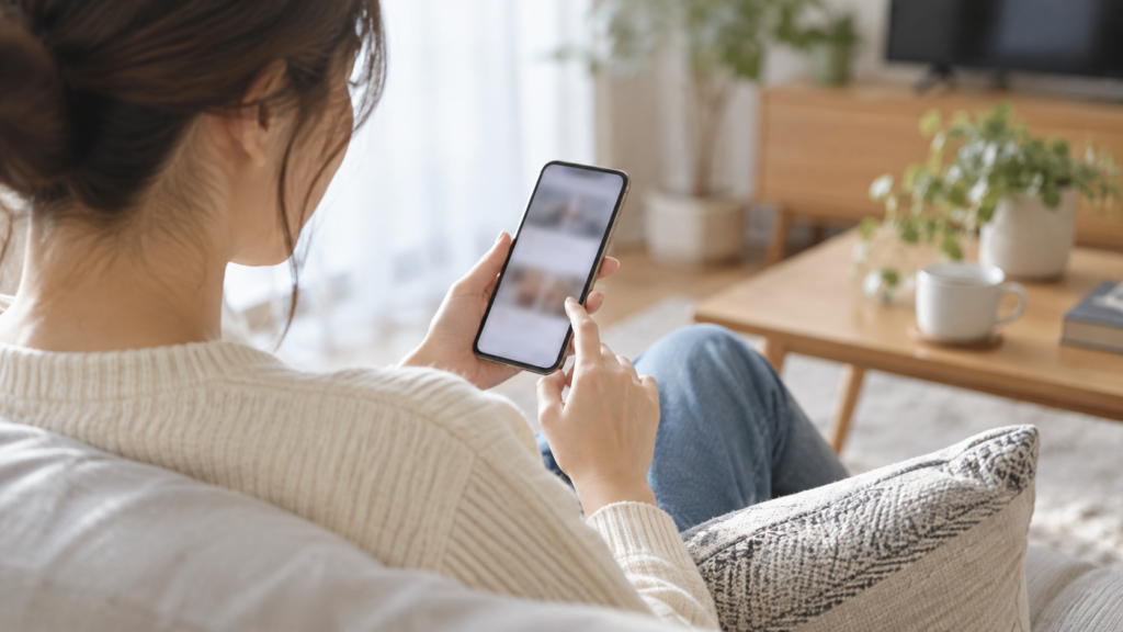 自宅でスマートフォンから職場への連絡を準備する人