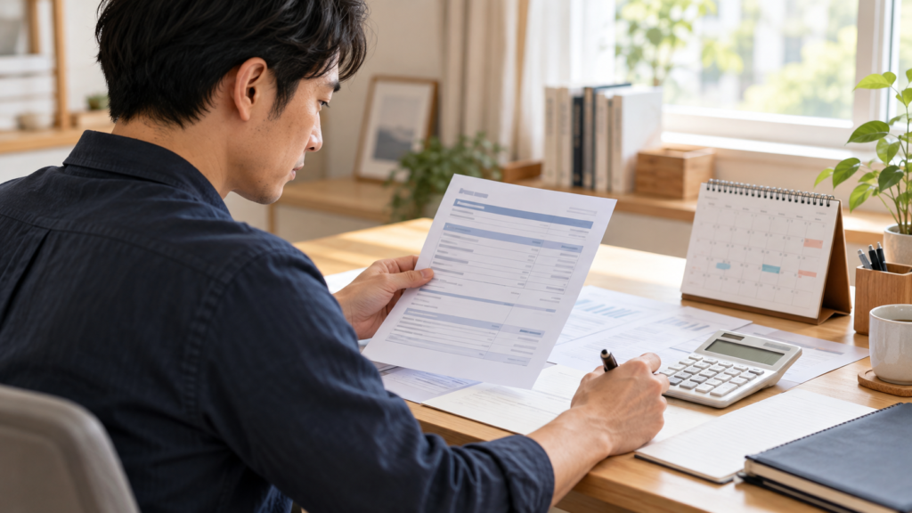 給与明細と電卓を見比べて月給を確認する会社員
