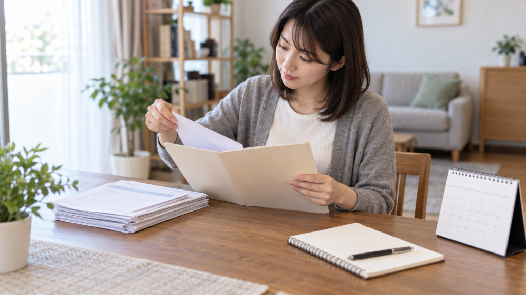 給与明細と雇用条件の資料を整理する会社員