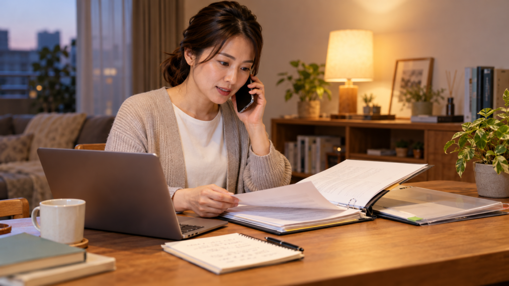 資料を手元に置いて賃金について電話相談する会社員