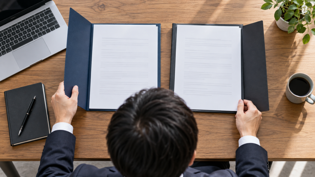 雇用契約書と退職時の誓約書を並べて確認する手元