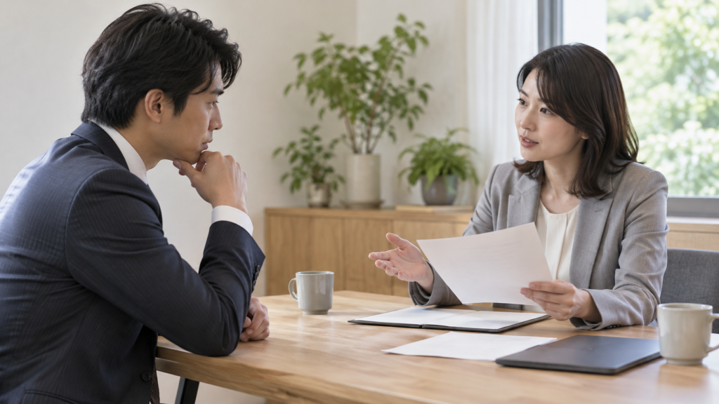 誓約書を持参して専門家へ相談する会社員