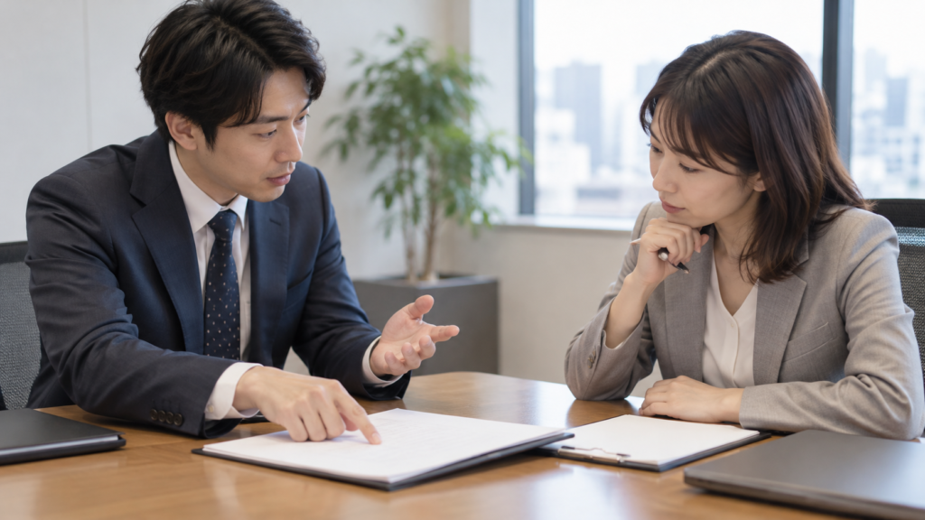 誓約書の条項について人事担当者へ質問する手元