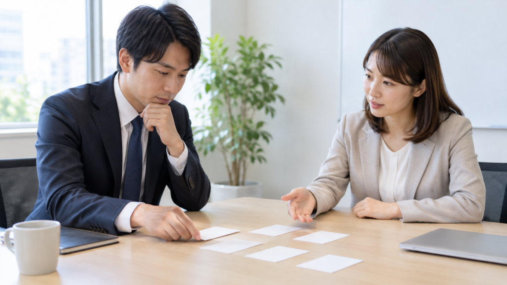転職先の担当者と予定業務や配属を相談する様子