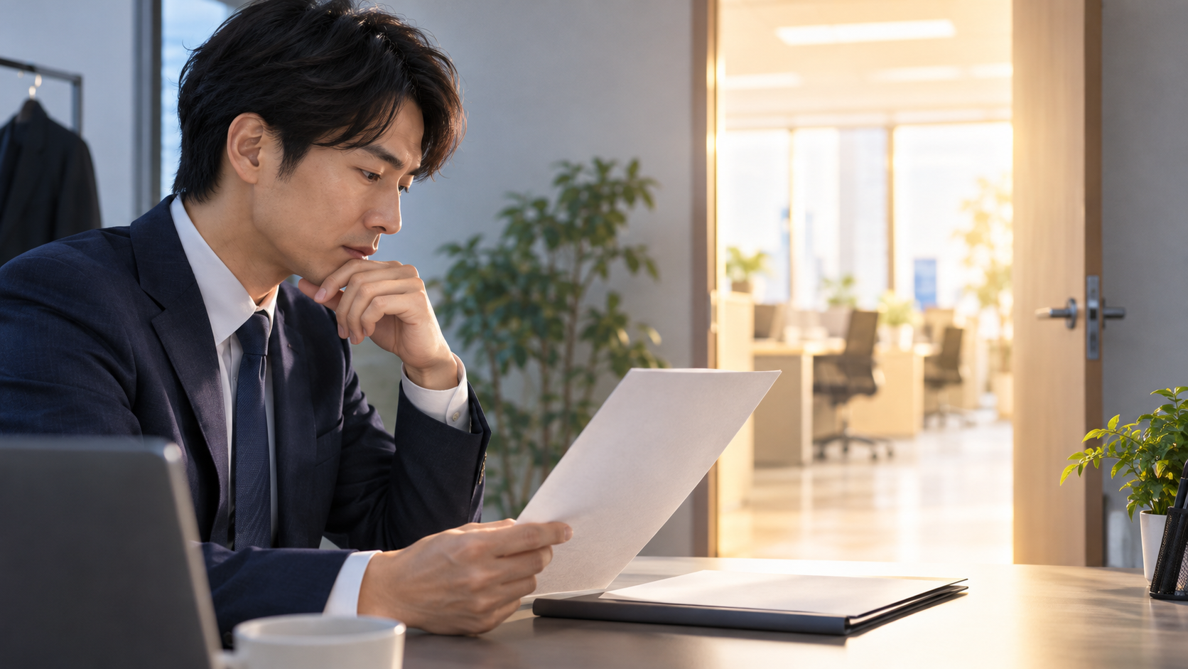 退職後の働き方を考えながら誓約書を確認する会社員