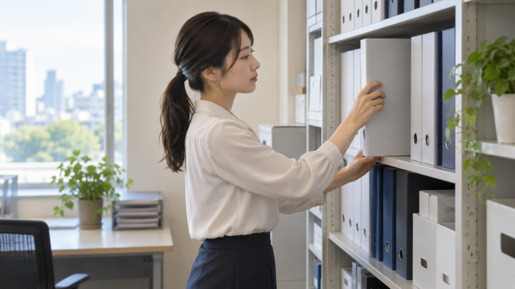 会社の資料棚で就業規則のファイルを確認する会社員