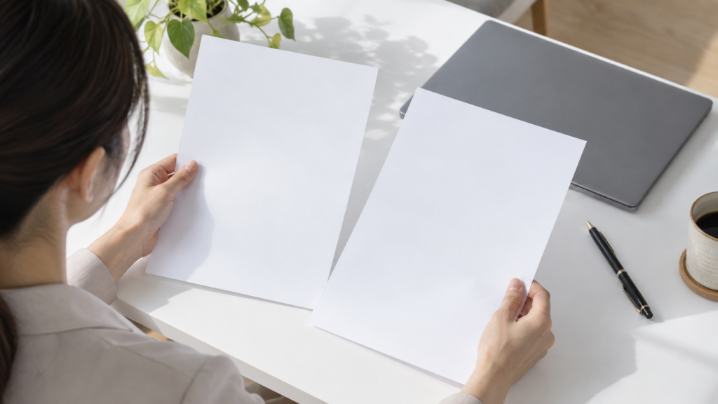 採用資料と契約書を並べて確かめる手元