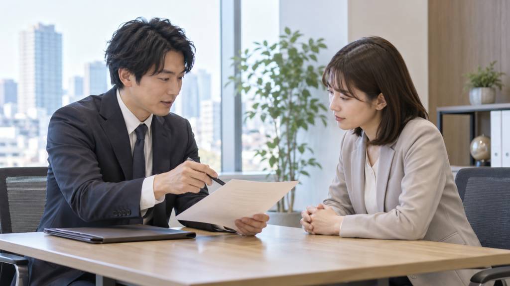 担当者と書類を見ながら話す二人