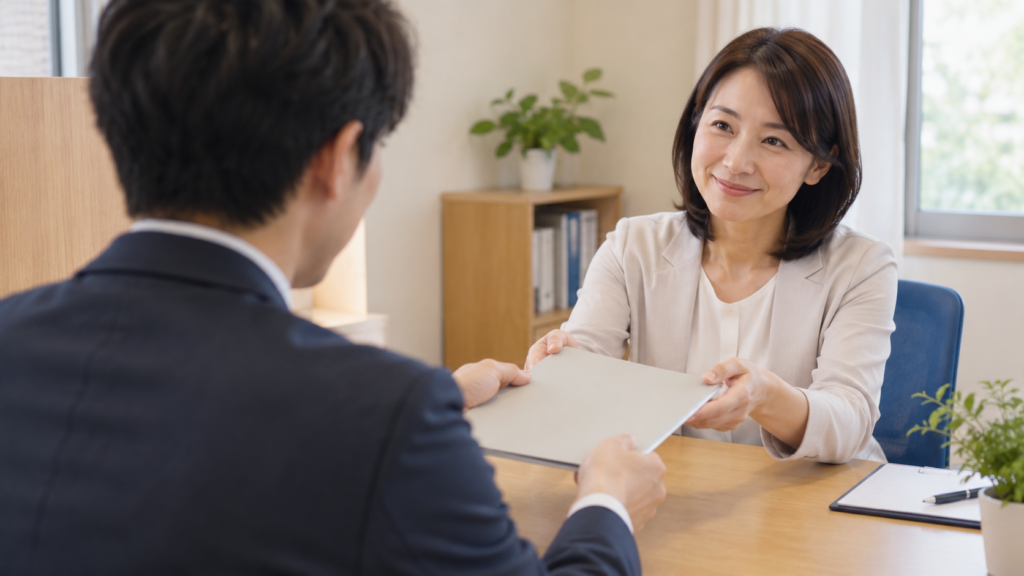 相談窓口で書類を渡す会社員