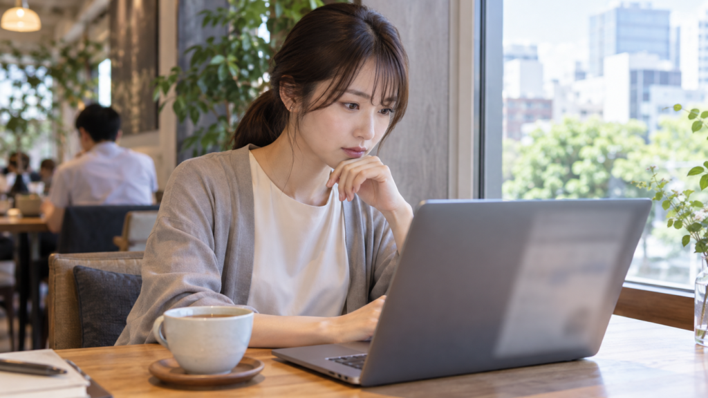 昼休みに静かな場所で仕事の条件を確認する会社員
