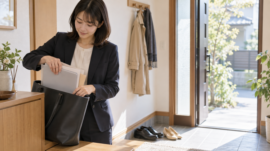 玄関近くで必要書類をまとめる会社員