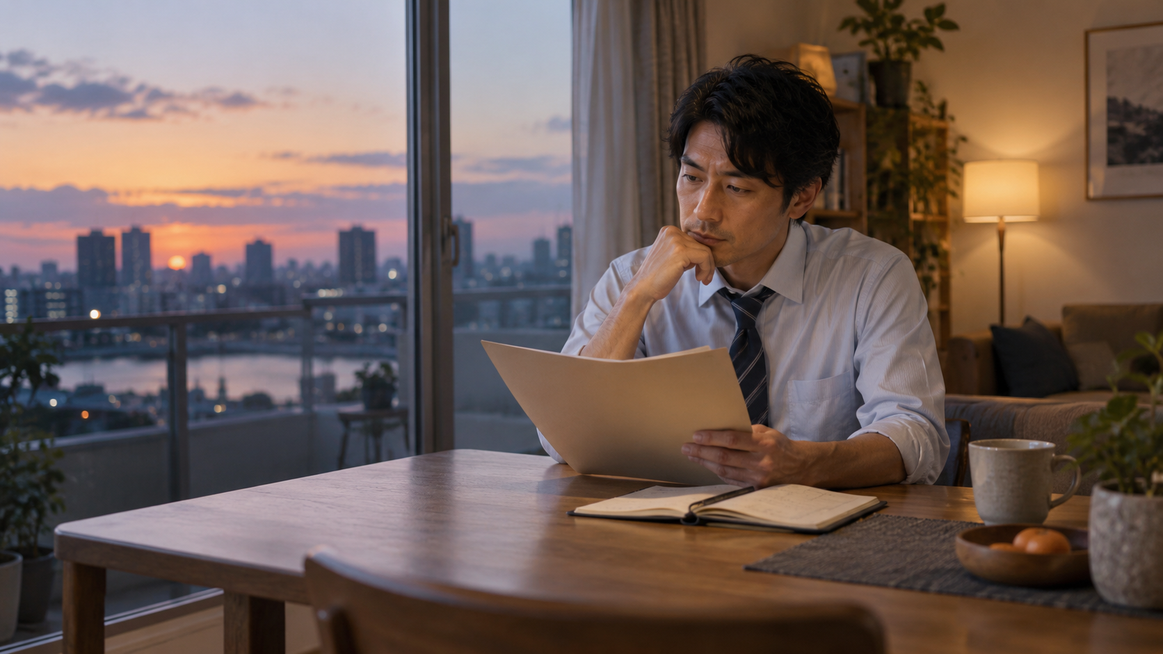 夕方の窓際で書類と家計ノートを見直す会社員