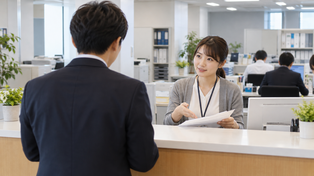 窓口で書類について相談する人