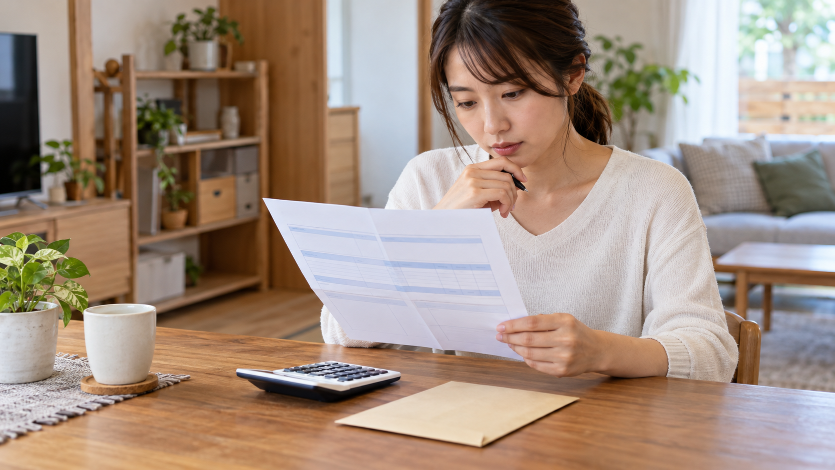 電卓を置いた机で書類を読む人