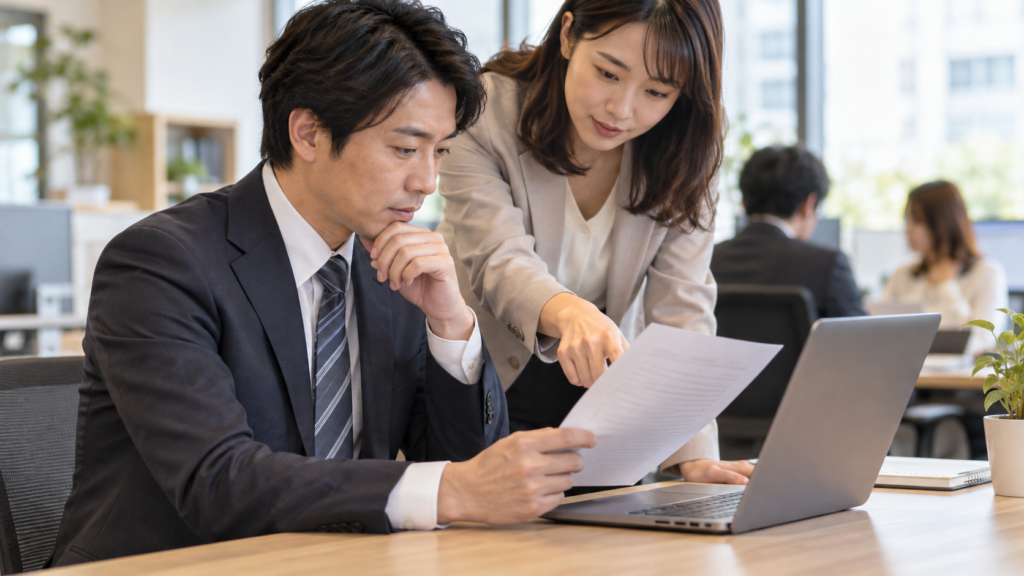 会社貸与PCの管理範囲を説明資料で確認する様子