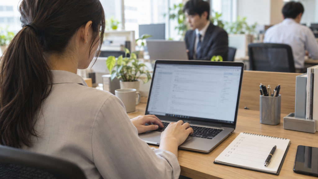取得項目や閲覧担当を確認する問い合わせ文を準備する様子