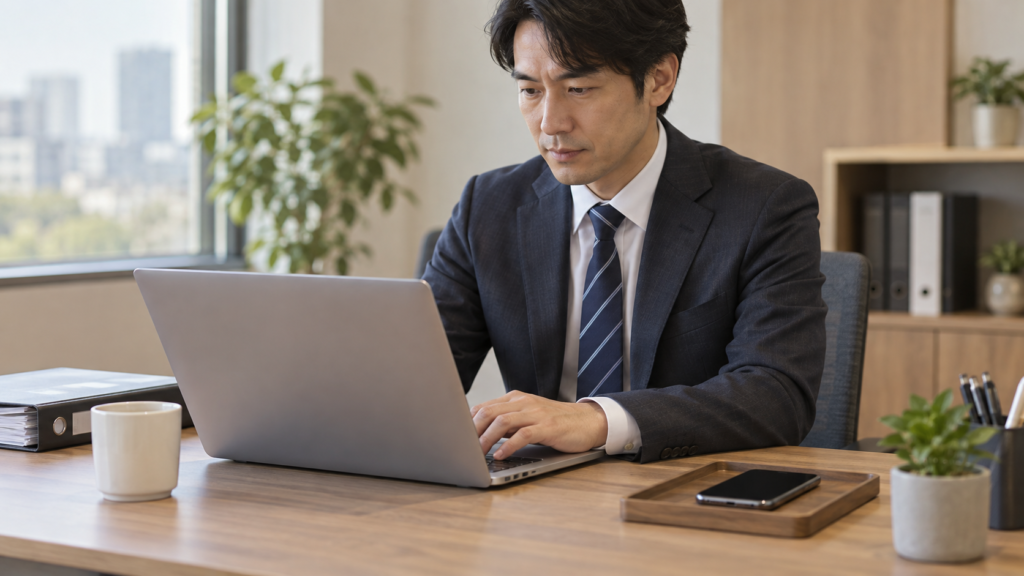 会社のパソコンと個人のスマホを分けて扱う机上の様子