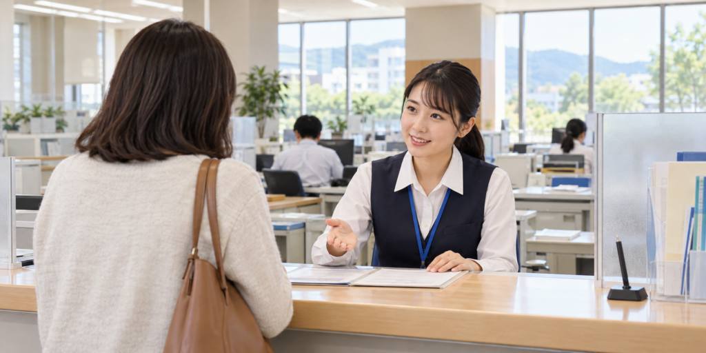 窓口で職員に相談する人