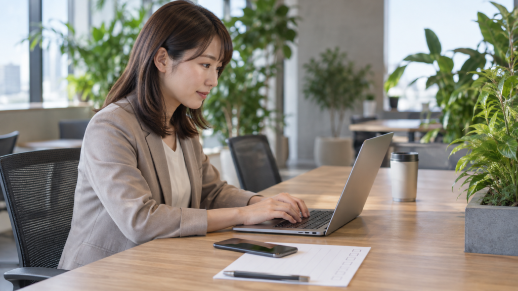 会社に利用条件を確認するメールを準備する会社員