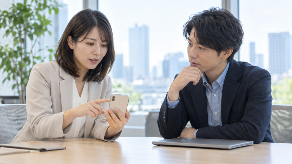 個人のスマートフォンと会社のノートPCを前に利用条件を相談する会社員