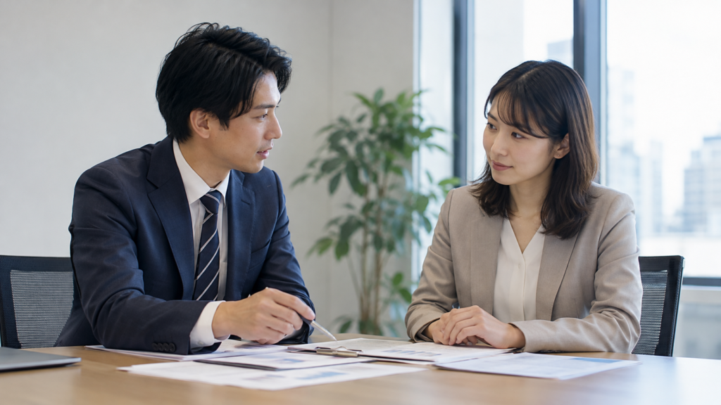 書類をもとに休暇の扱いを相談する会社員
