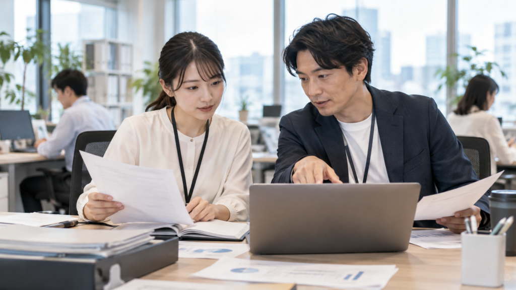 業務の進め方を先輩から教わり評価条件を確認する社員