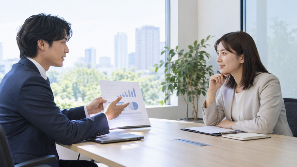 質問を整理した資料を持って人事との面談に臨む社員
